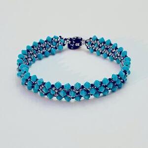 Handmade Netted Turquoise Bead Bracelet w/ Silver & Black Accents, Moon Face